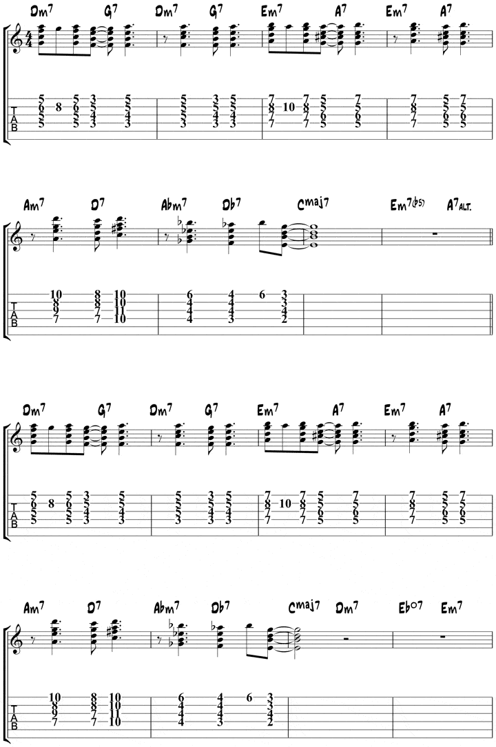 Fly Me To The Moon - Frank Sinatra - guitar chords including words and  melody line and guitar tab.