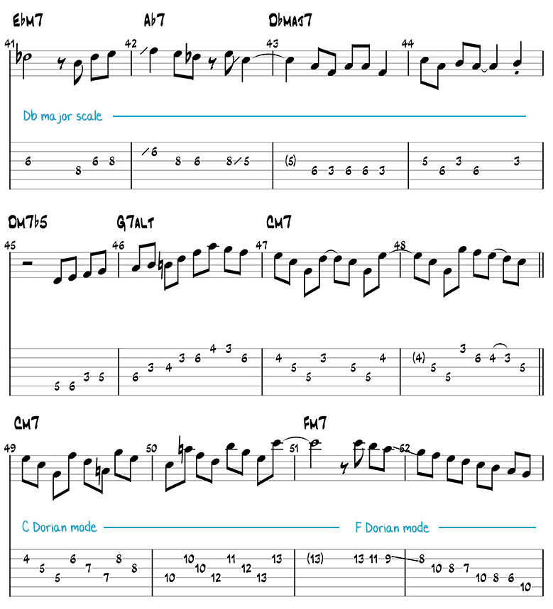 Blue Bossa guitar solo page 3 (tabs/notation)