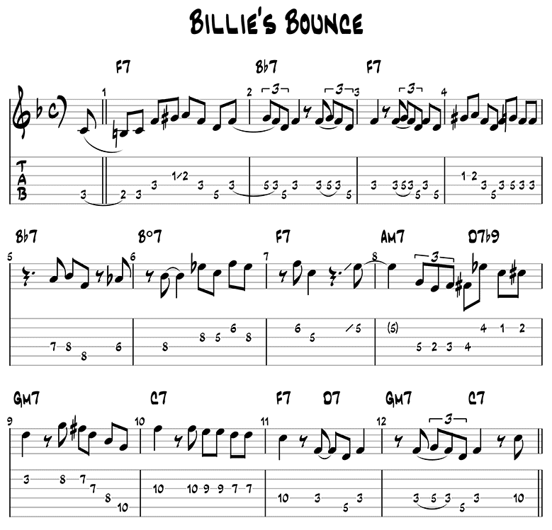 Billie's Bounce melody guitar tabs/lead sheet 1