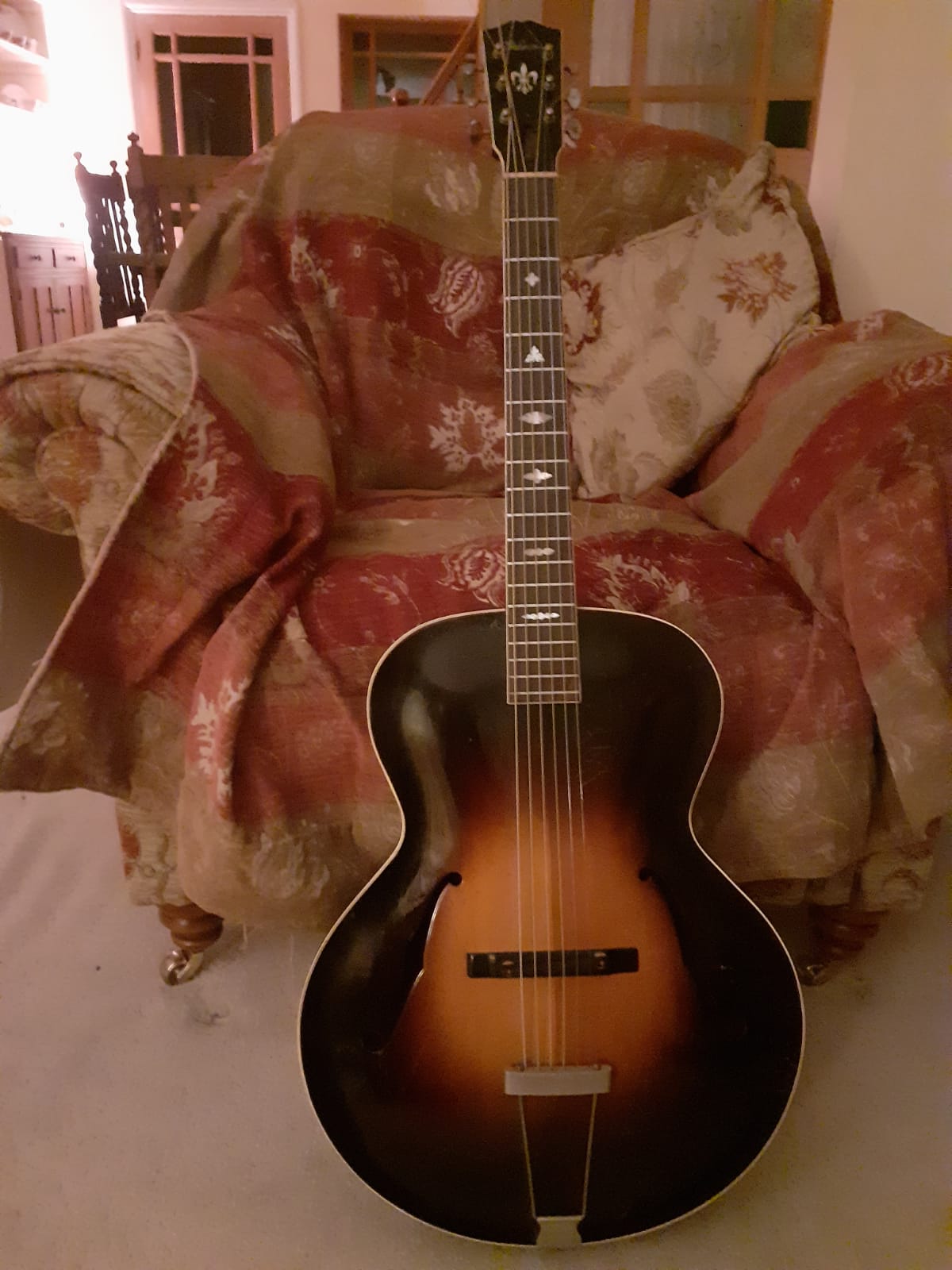 After 4 months the 30s LH Gibson L-7 is strung up and 'playable' RH!-my-30s-l7-strung-jpg