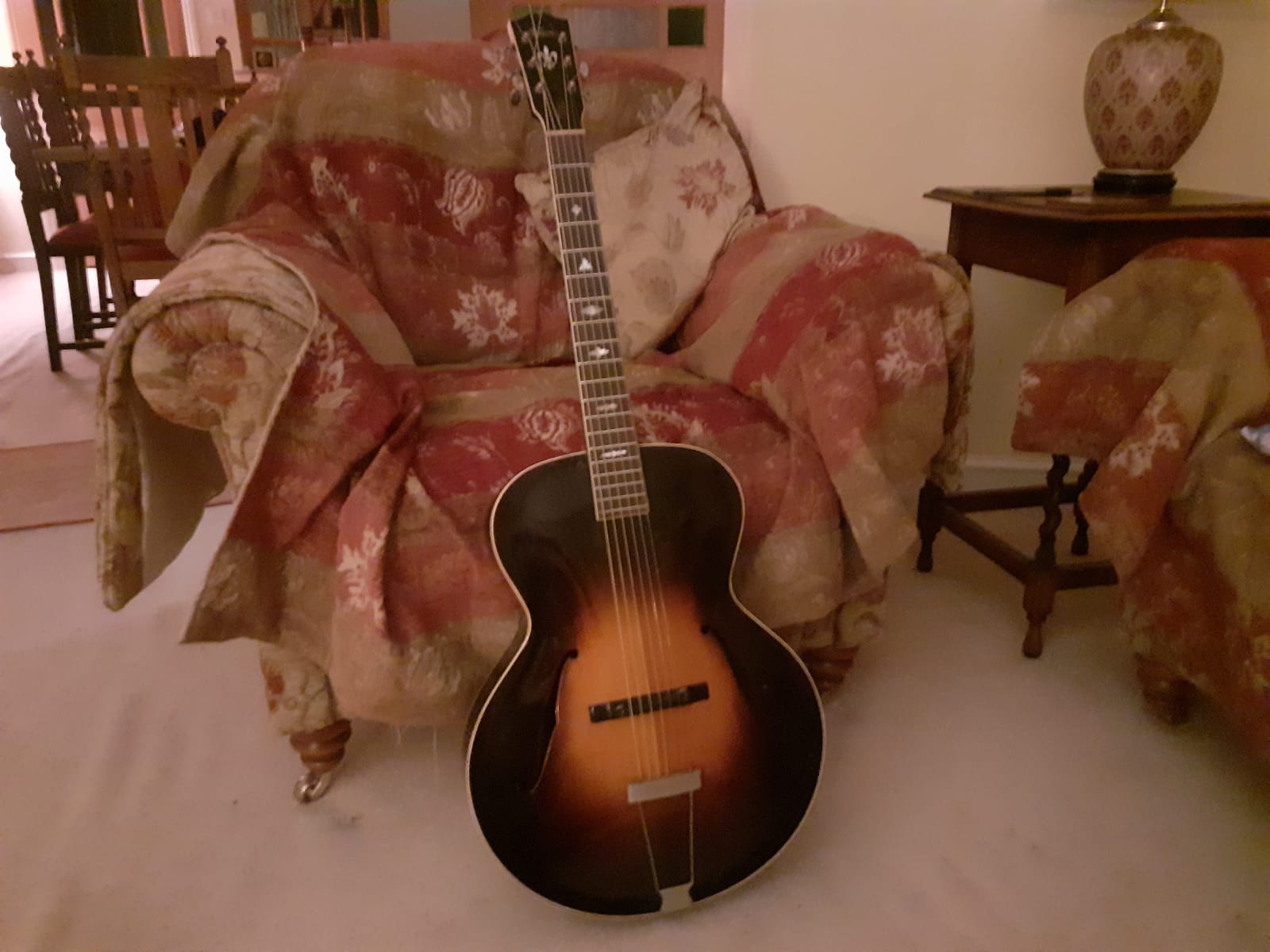 After 4 months the 30s LH Gibson L-7 is strung up and 'playable' RH!-my-30s-l7-strung-2-jpg