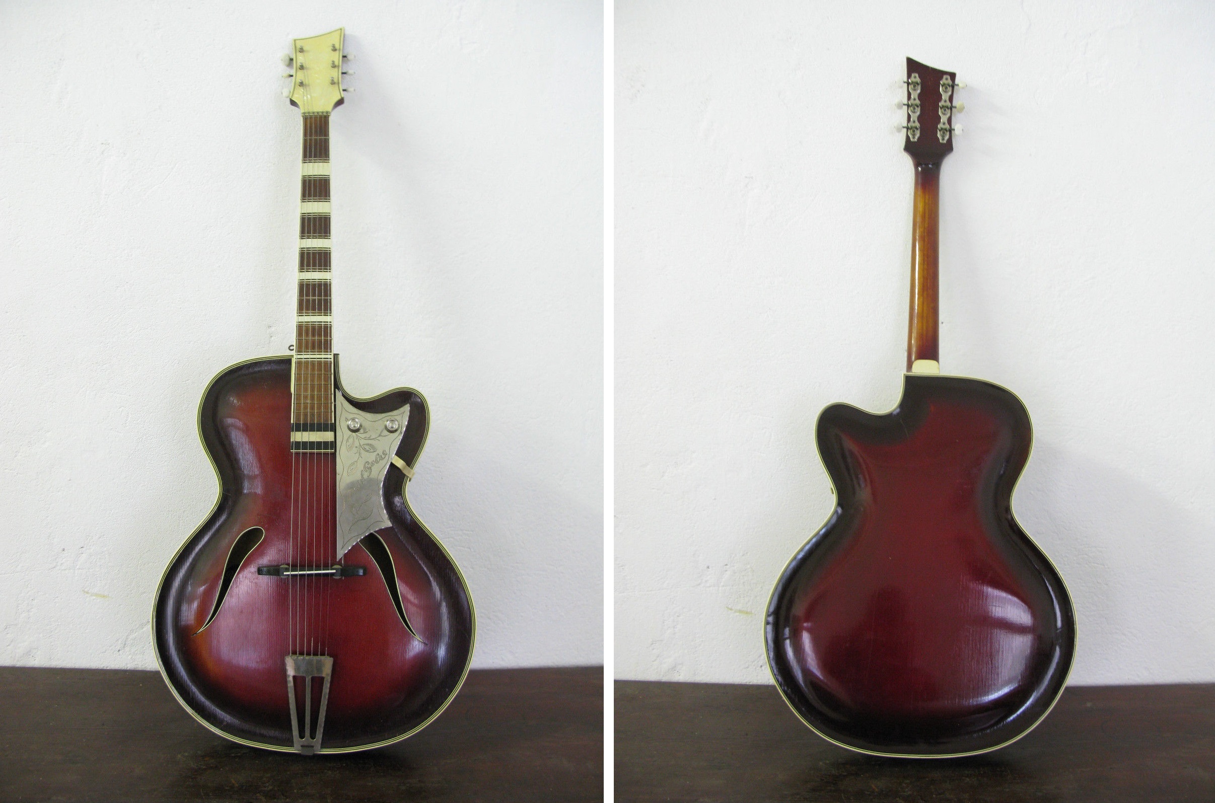 Vintage German Archtops-perlgold-seifert-style-cutaway-bordeaux-sunburst-front-back-jpg