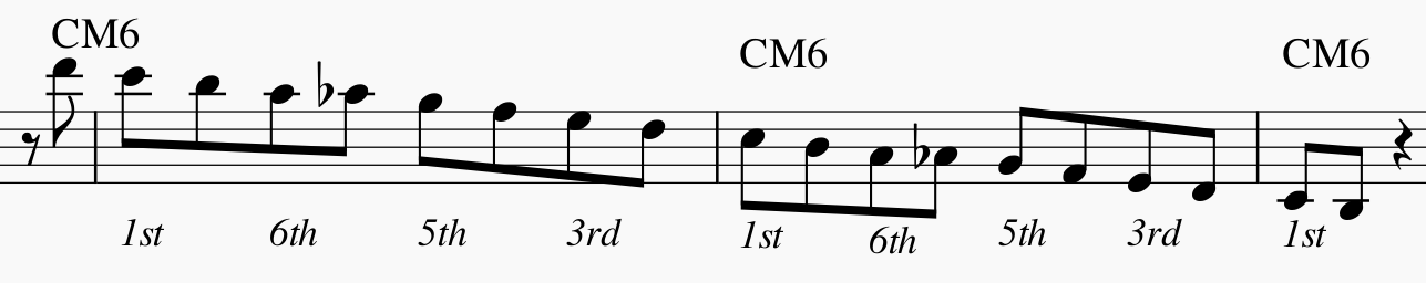 David Baker Bebop Scales &mdash; Barry Harris half-steps-major-bebop-pattern-1-notation-png
