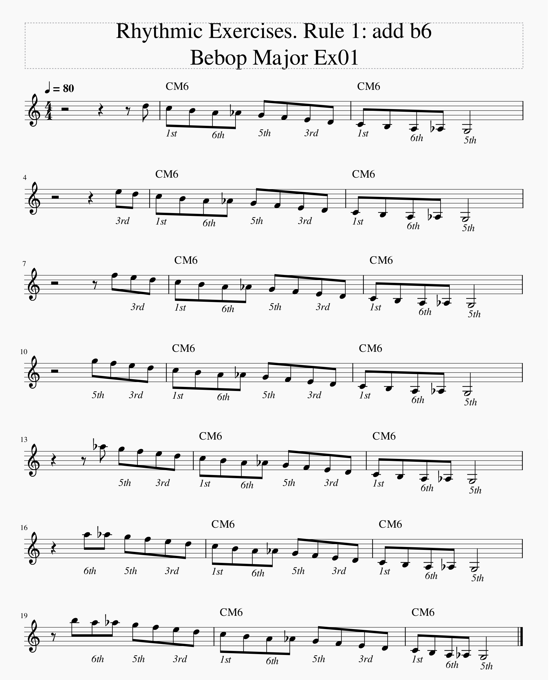 David Baker Bebop Scales &mdash; Barry Harris half-steps-01-rhythmic-exercises-bh-rule-1-major-bebop-scale-png