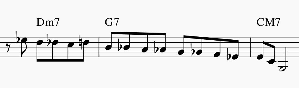 David Baker Bebop Scales &mdash; Barry Harris half-steps-bh-expanded-extra-note-rules-ii-v-i-ex02-png