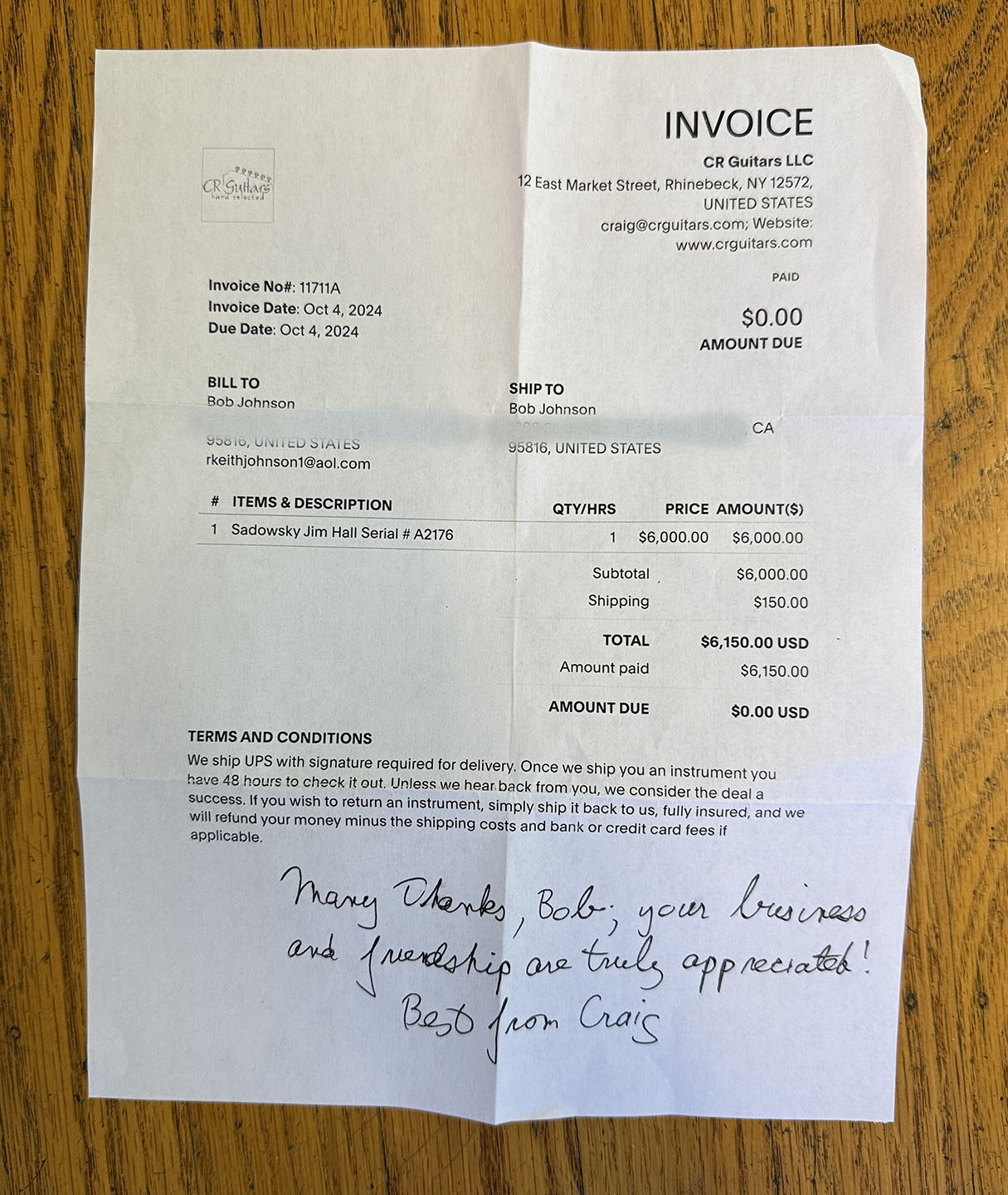 2023 Sadowsky Jim Hall - 95 OUT THE DOOR-sad-invoice-jpg